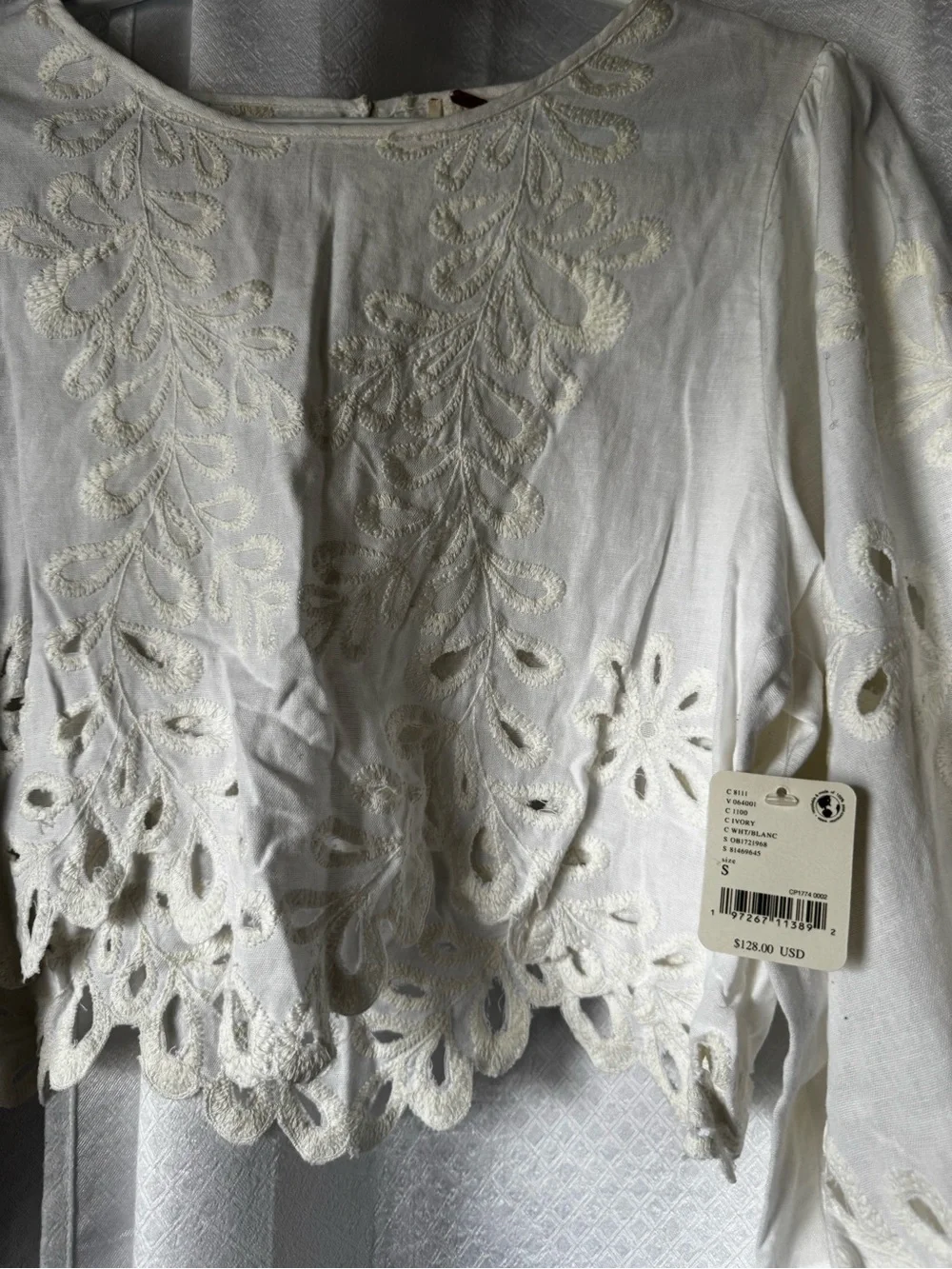 Free People White Eyelet Cropped Peasant Blouse - Women's Top
